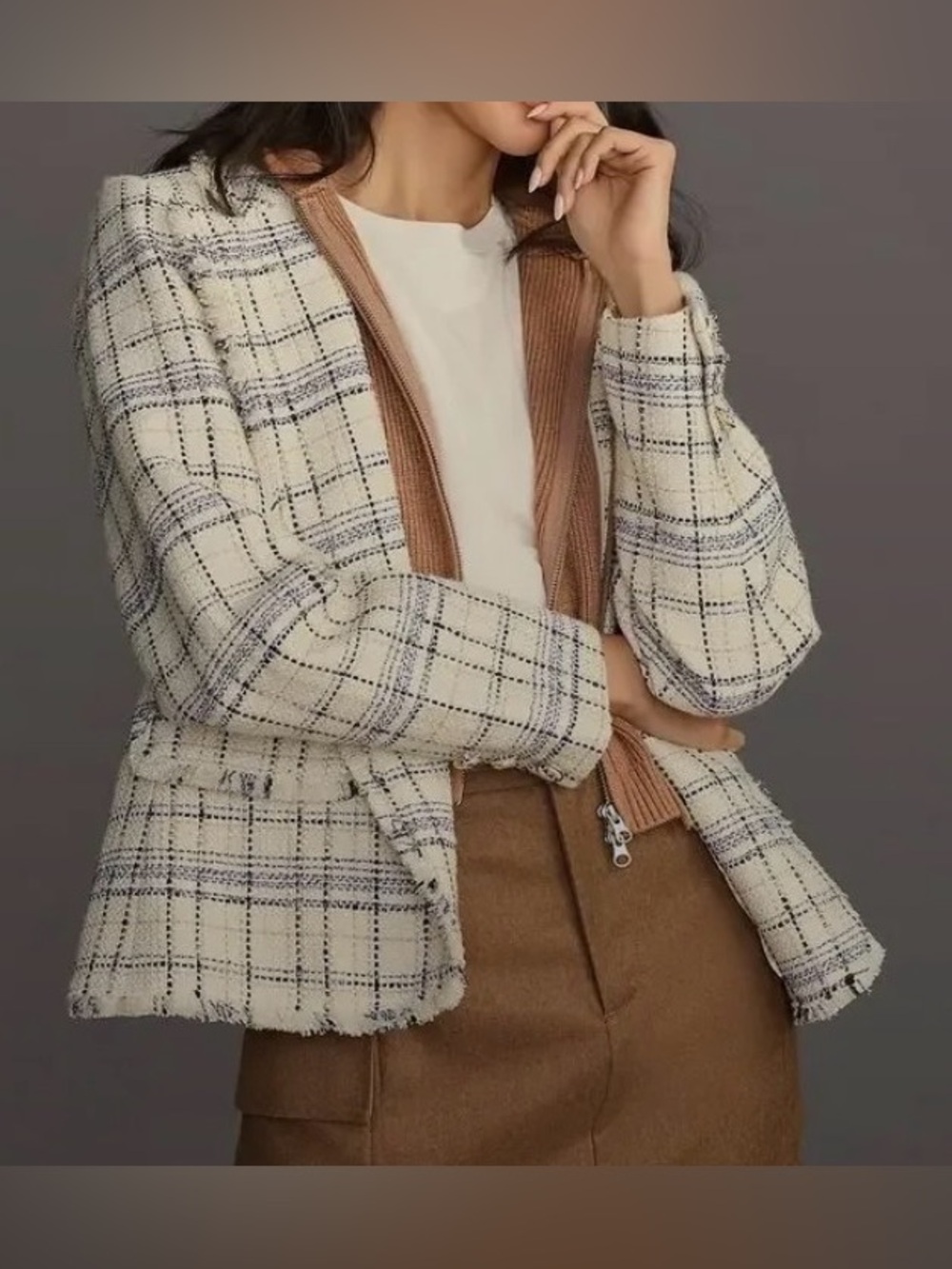 Anthropologie Checked Ivory Tweed Jacket w/ Removable Brown Hooded Trim - Size M